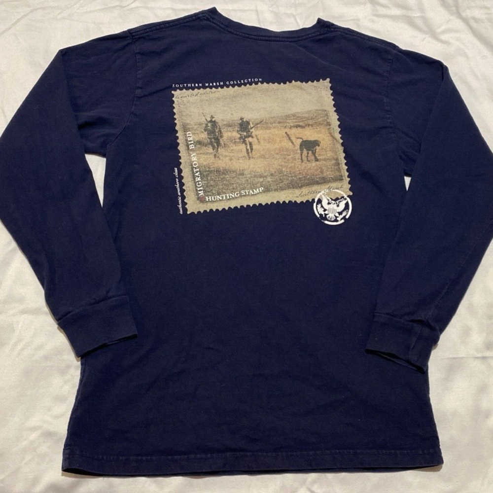 Southern Marsh Dark Blue Duck Stamp Chocolate Lab Graphic Long Sleeve Tee Mens